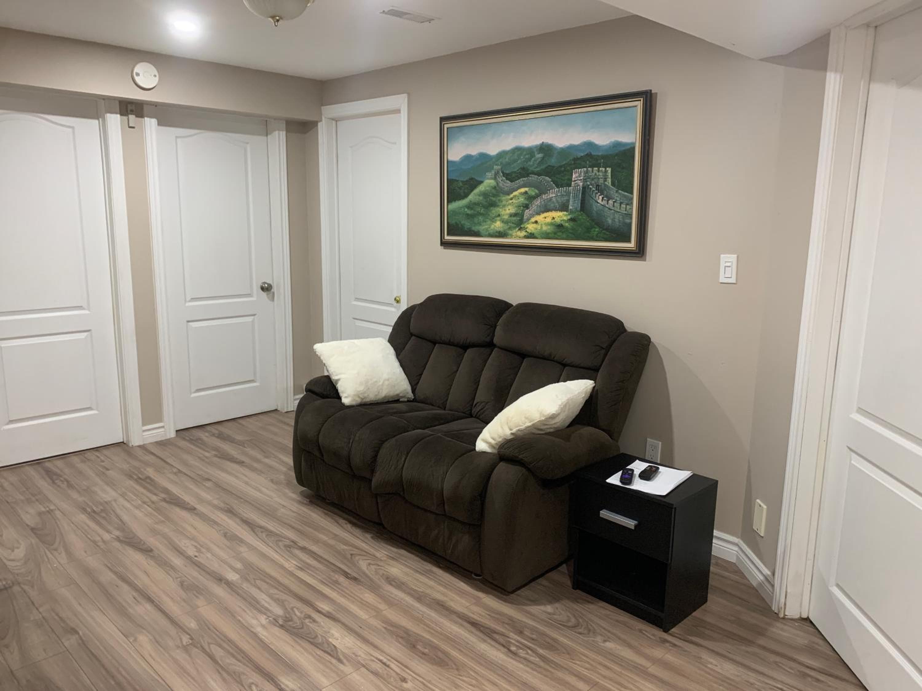 A bedroom in a basement