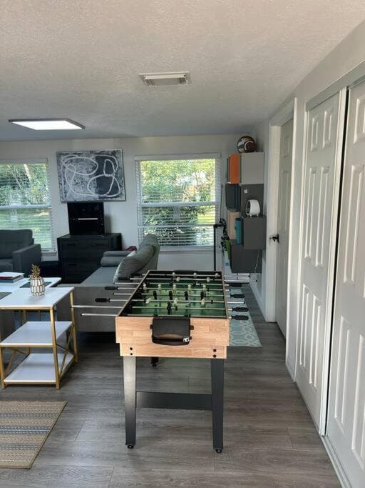 Room in smart home with pond view